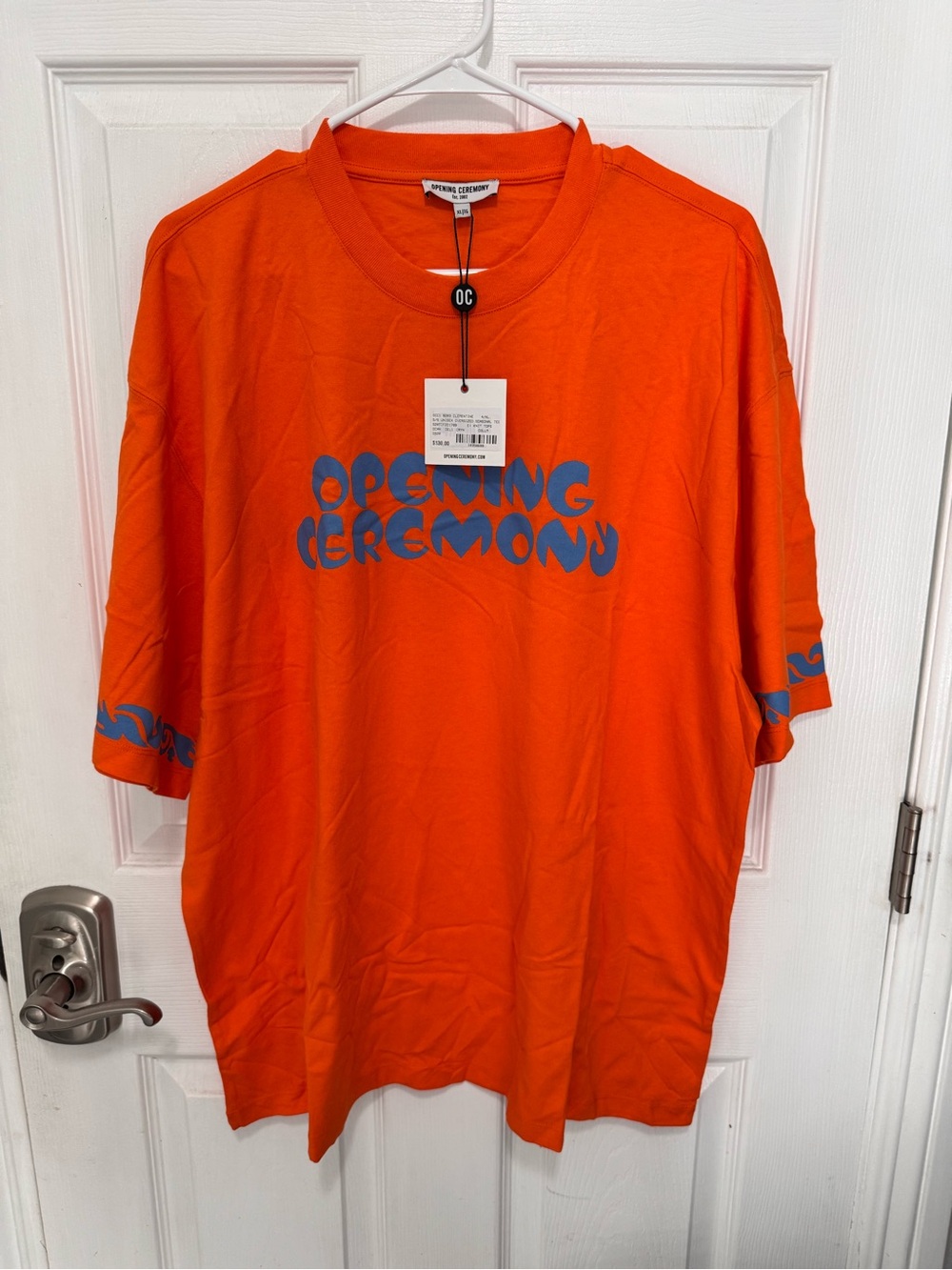 Opening Ceremony Orange Tee with Blue Logo Graphic